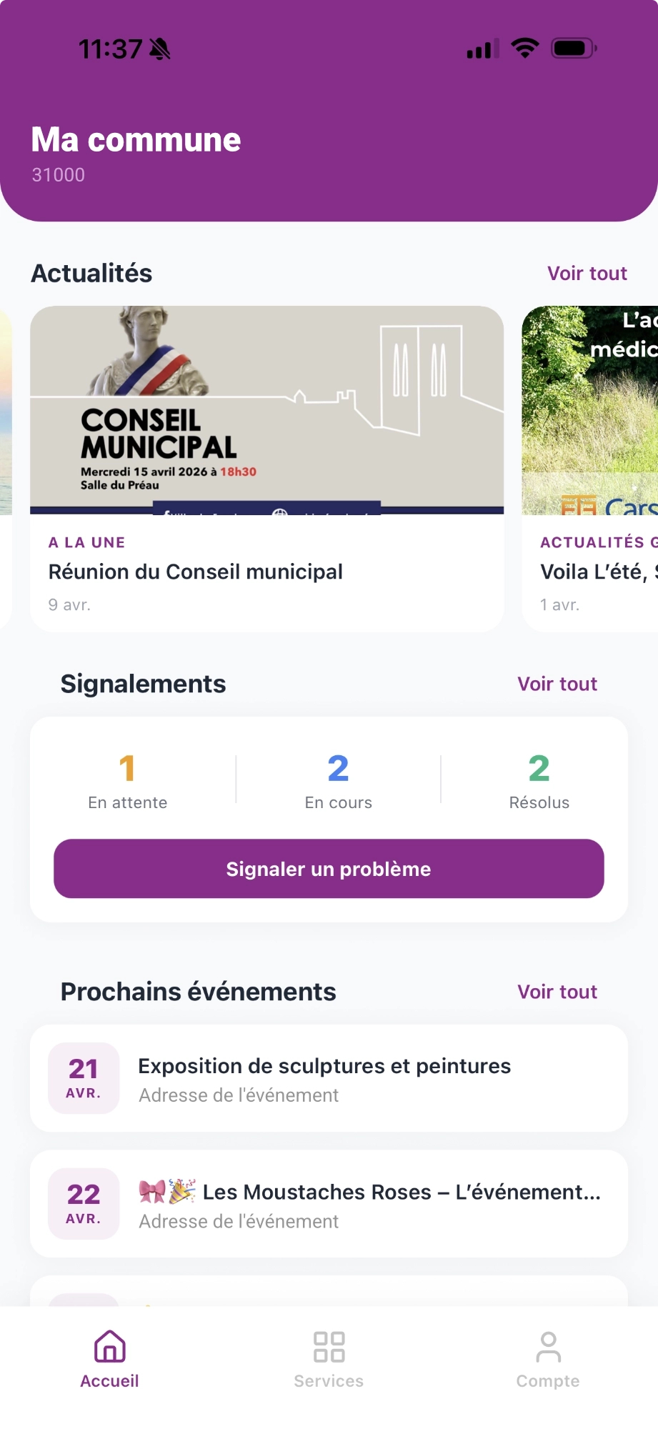 Application mobile pour mairie Ma Commune Live - écran d'accueil avec actualités, alertes et signalements